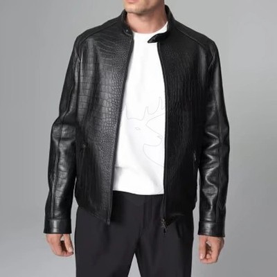 Men s Crocodile Pattern Embossed Leather Jacket Black Racer Real Luxury coat