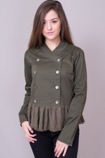 Mystree Womens Size Medium Military Ruffle Olive Green Button Up Peplum Jacket