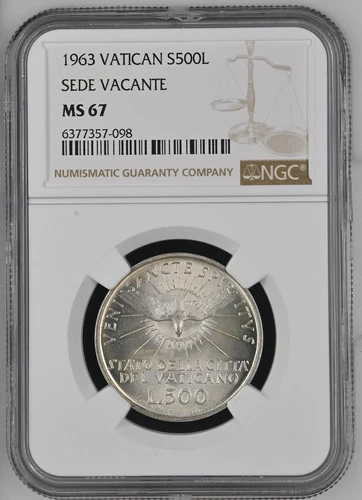 1963 Vatican SEDE VACANTE Silver 500 Lire S500L MS 67 NGC ONLY 1 BETTER!!!