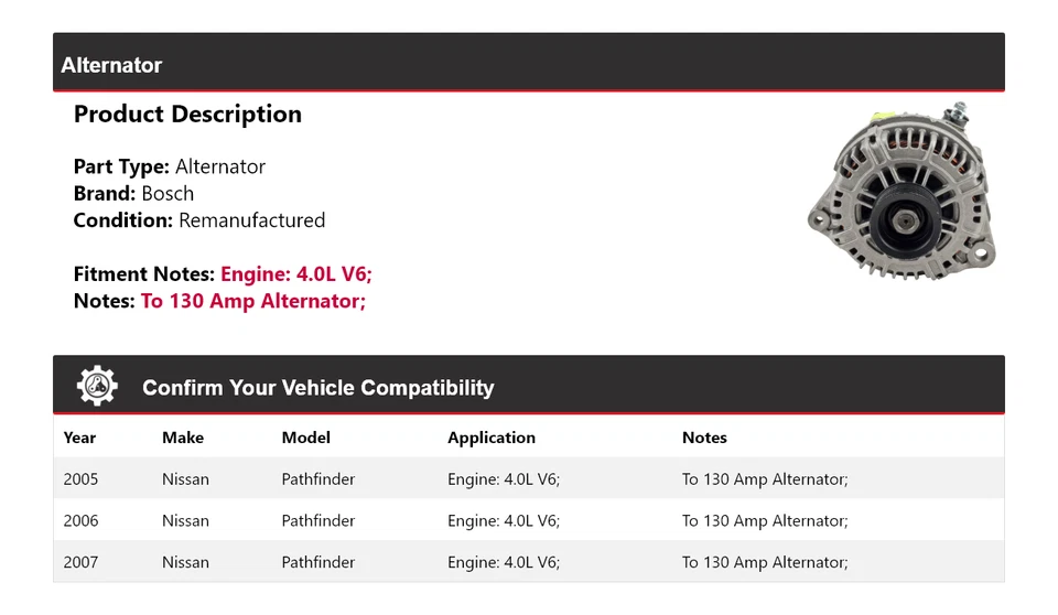 Генератор переменного тока (восстановленный) 2006 для Nissan Pathfinder 4,0 л V6 Bosch 2005-2007 годов выпуска - Изображение 2 из 4