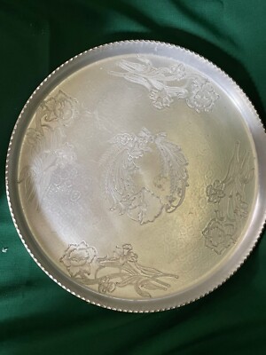 Vintage Etched Aluminum serving tray approx 1.75 ft. diameter 1 inch tall