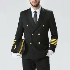 Men Pilot Suit Blazer Pants Airline Captain Jacket Aviator Uniform Cosplay Party