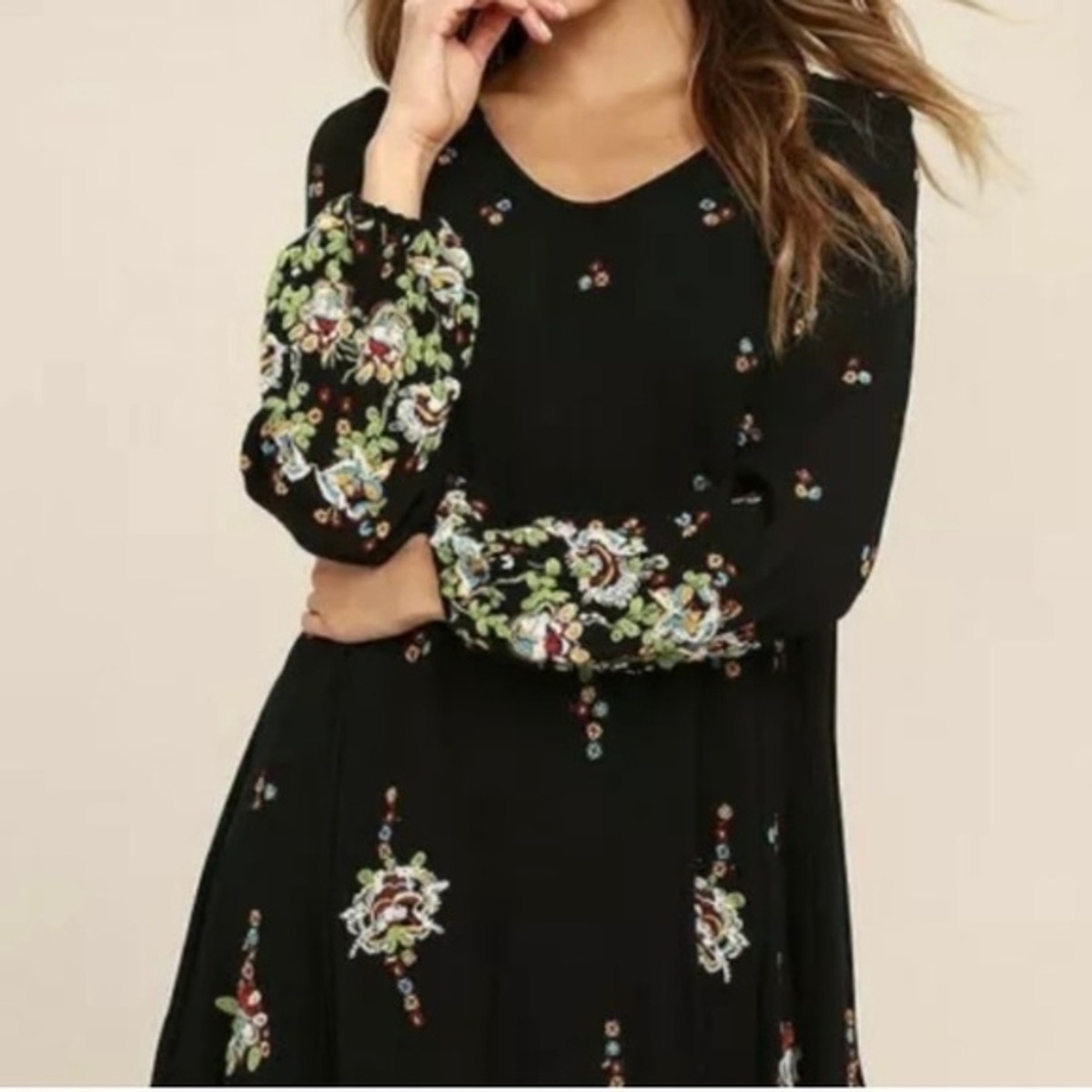 Free People Black Oxford Embroidered Long Sleeve Mini Dress Size XS Free People Black Oxford Embroidered Long Sleeve Mini Dress Size XS