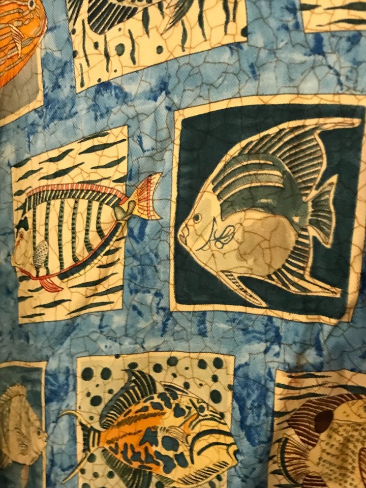 L BURMA BIBAS Men's Vintage Blue + More Fish Tribal Hawaiian Shirt