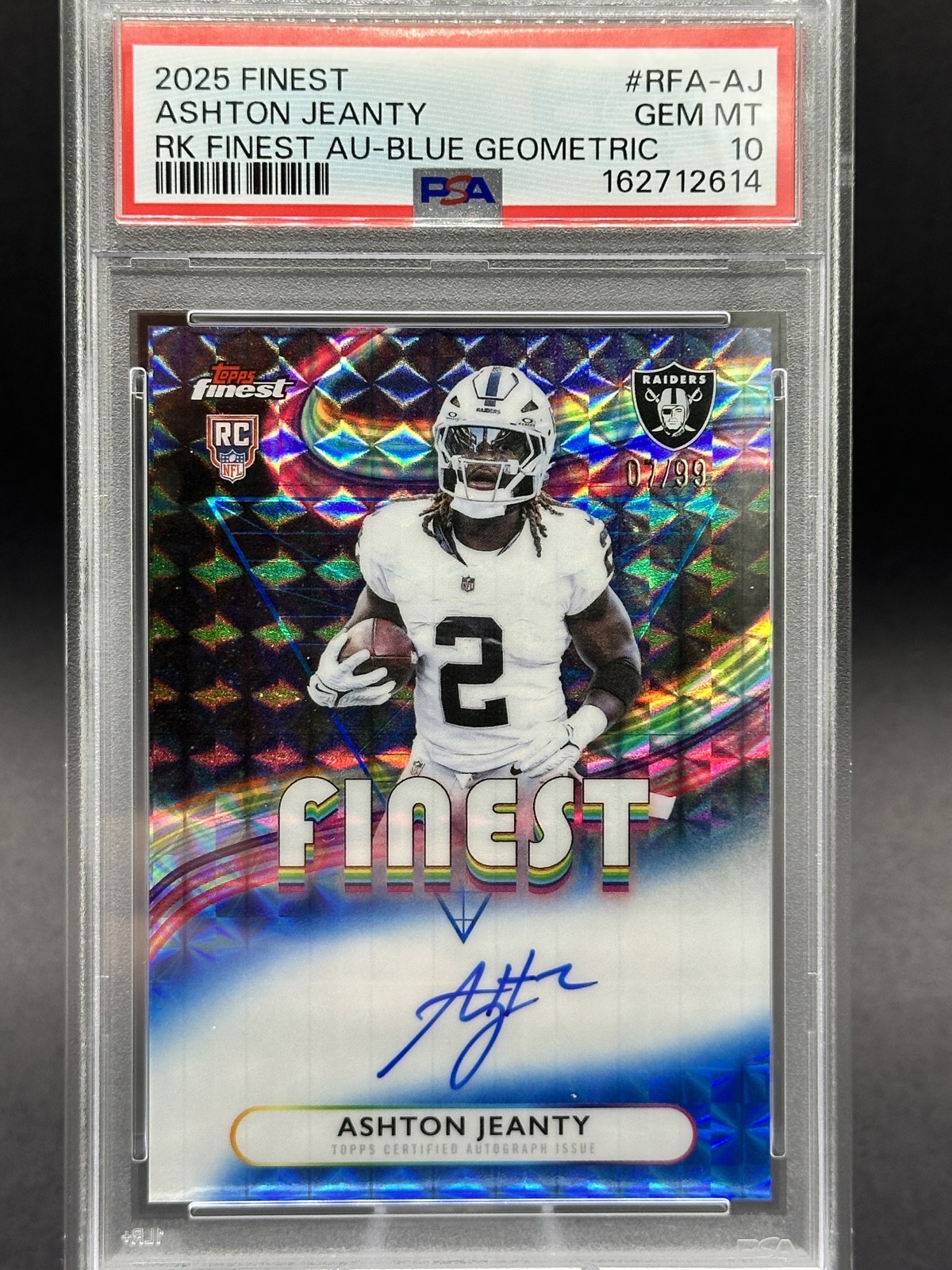 2025 Topps Finest Ashton Jeanty Blue Geometric Auto /99 RC PSA 10 Raiders view 1