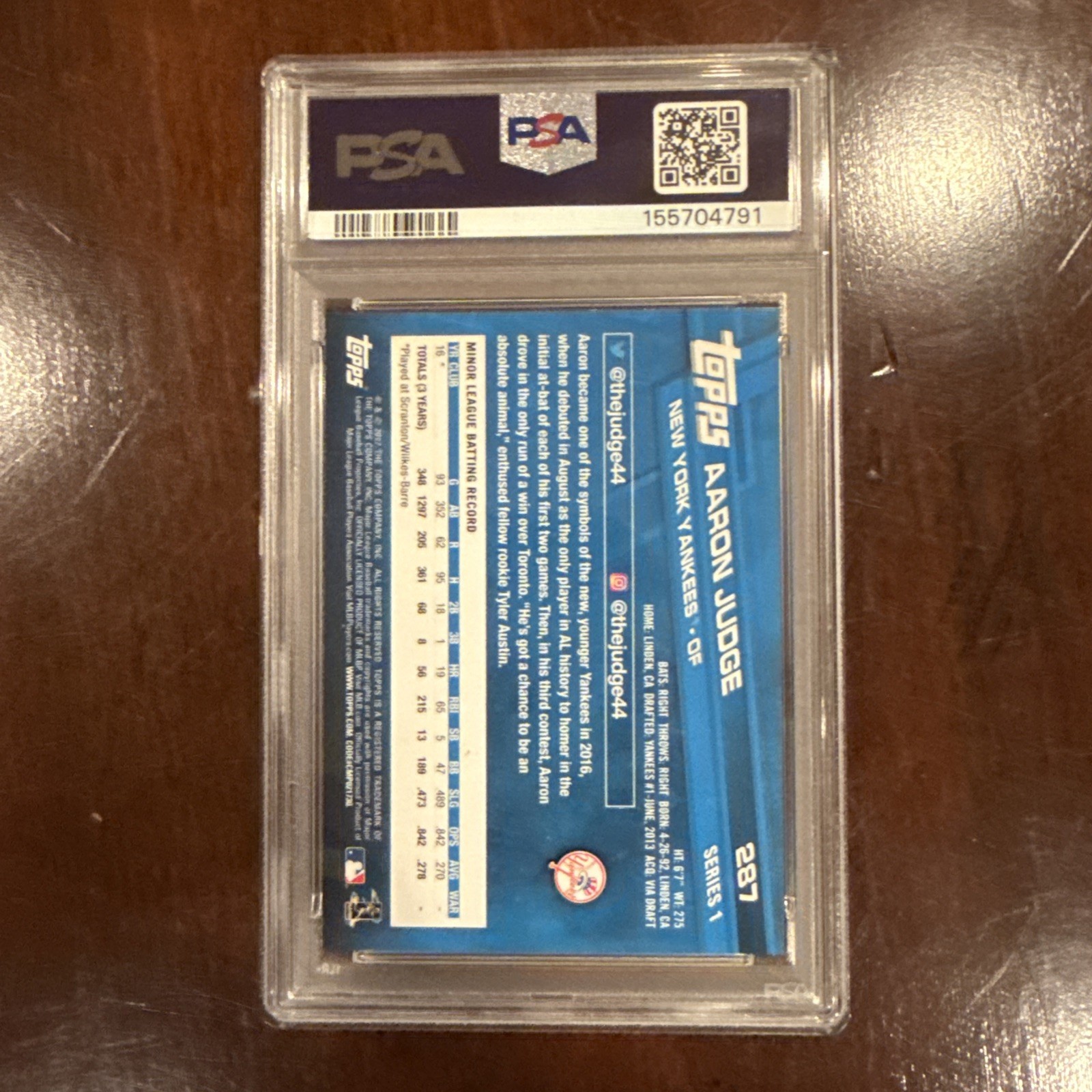 2017 Topps Aaron Judge Catching #287 RC PSA 10 Gem Mint view 2