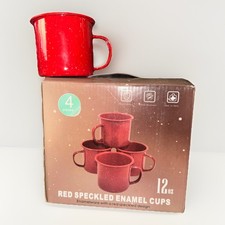 4 Pc Red Speckled Enamel Coffee Cups Mugs Set Metal 12oz Camping Picnic Travel
