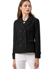Allegra K Women's Notched Lapel Double Breasted Pea Coat Small Black