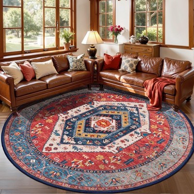 SERISSA Boho Round Area Rug, 6ft Washable Non-Slip 6' (Round), Rust/Multi