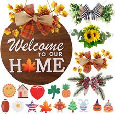 Interchangeable Welcome Sign for Front Door with 4 Seasonal Wreaths and 14 Chang