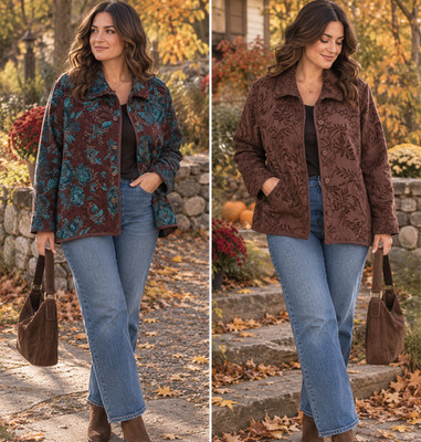 Coldwater Creek Womens L Reversible Floral Jacket Brown Teal Cottagecore Boho