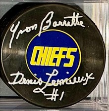 Yvon Barrette Signed Charlestown Chiefs Slap Shot Hockey Puck Denis Lemieux #1