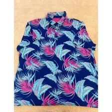 Birdie  Bound Tropical Leaf Print Polo Shirt 3XL Navy Pink Blue Golf Casual