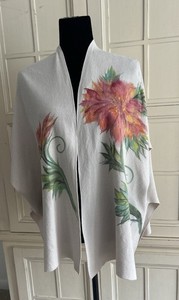 August Silk-Cream-Hand Painted Flower-Cover-Up-Poncho-Wrap-60 Cotton-One Size