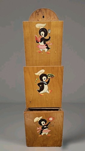 Vintage 3 Tier Letter Holder Wooden Wall Mounted Penguin Accents Kitchen Decor