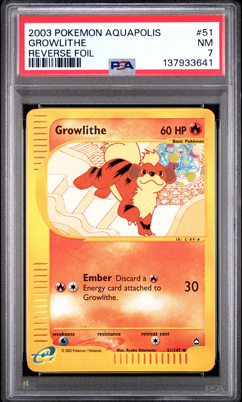 2003 POKEMON AQUAPOLIS #51 GROWLITHE-REVERSE FOIL PSA 7