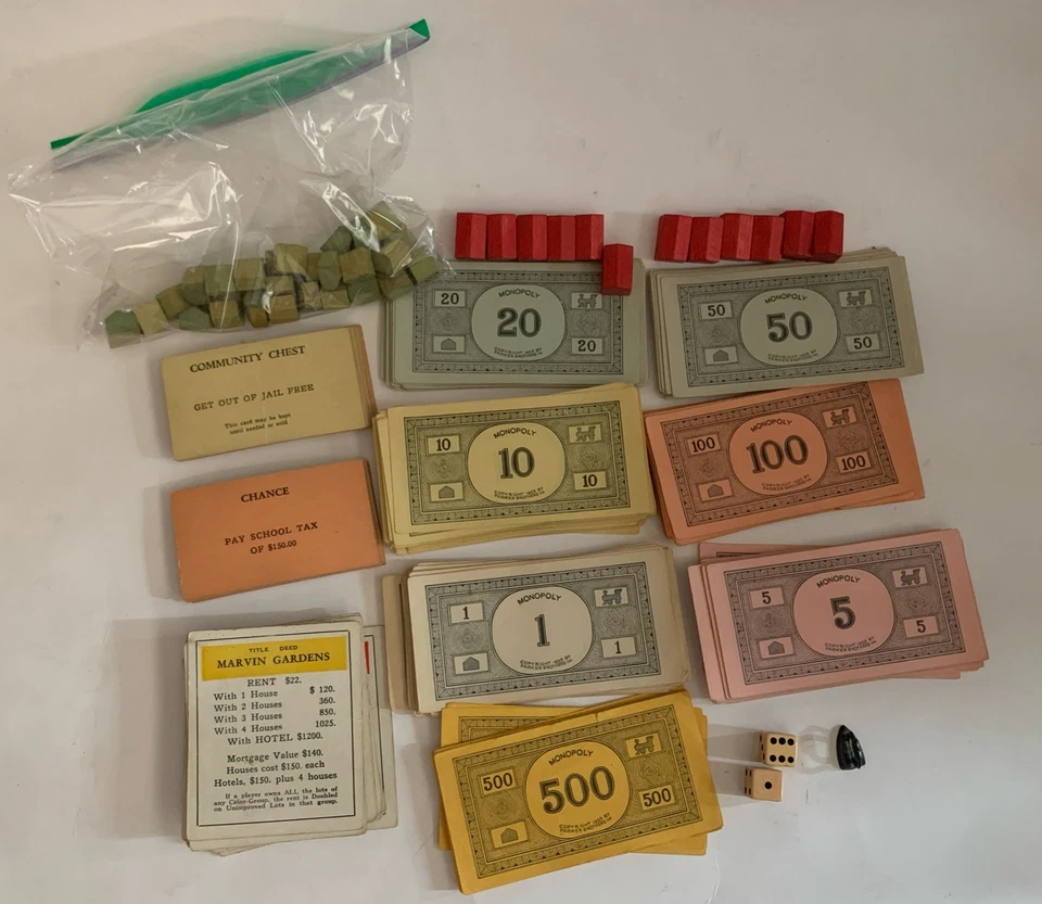 Jogo de monopólio muito antigo casas de madeira cartões de dinheiro peças de molde APENAS peças colecionáveis - Imagem 4 de 4