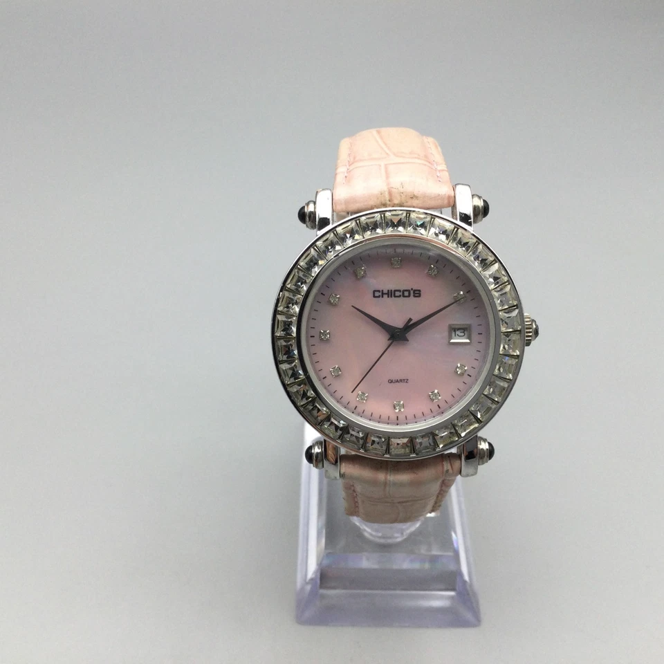 Chico's Watch Women 37mm Silver Tone MOP Pink Dial Date Leather Band New Battery - Image 2 of 4