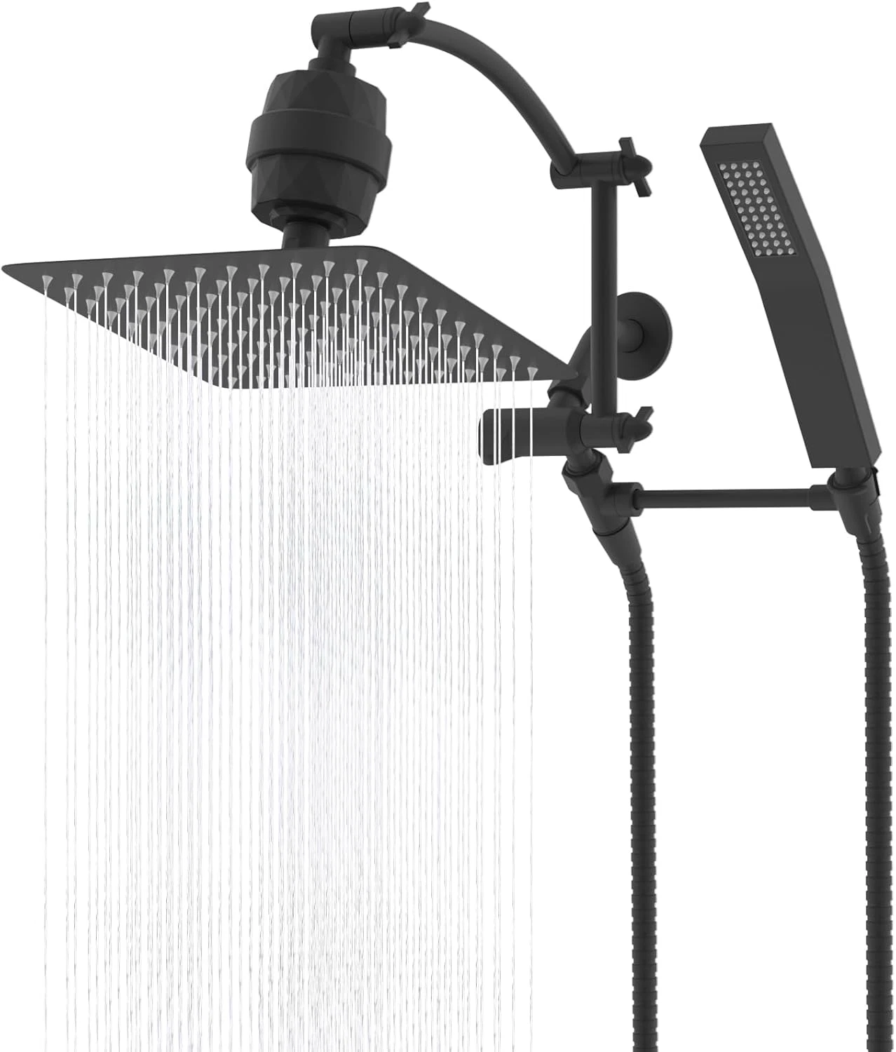 Matte Black 10'' Rainfall Shower Head with Handheld, 20-Stage Filter & Hose