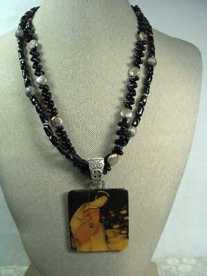 Chicos Enamel Geisha Girl Pendant Asian Black Glass Coin Pearl Strand Necklace