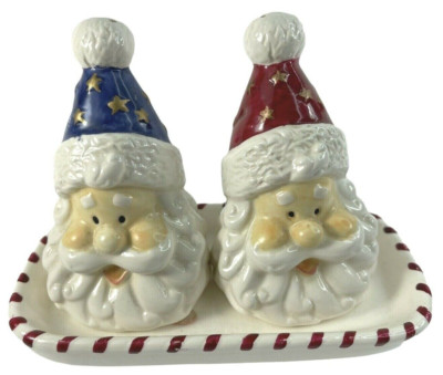 Vintage Santa Head Blue and Red Dish Candy Cane Christmas Holiday Salt & Pepper