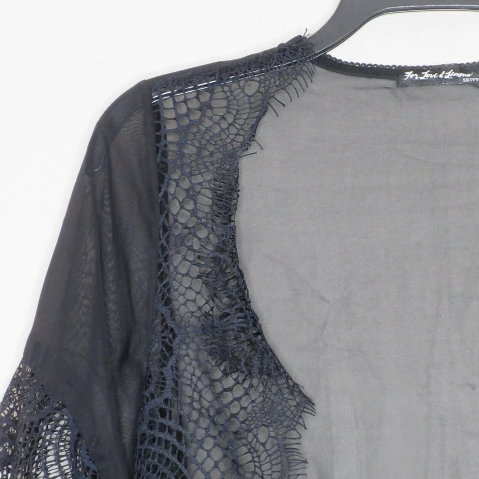 For Love &Lemon's Women's Black Lace Trim Sheer Sash Tie Front Robe 0/S B61 - Image 3 of 4