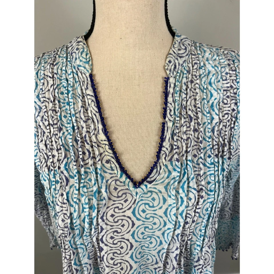 Roberta Roller Rabbit Geometric Blue Beaded Blouse V Neck 3/4 Sleeve Women's S - Image 2 of 4