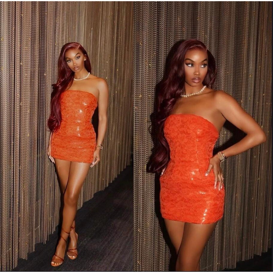 NWT LAQUAN SMITH Spring 2023 Runway Orange Sequin Strapless