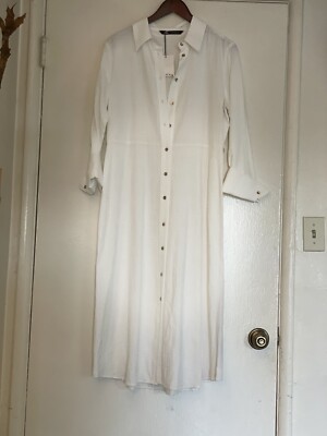 Zara White Textured Midi Shirt Dress With Gold Buttons Size