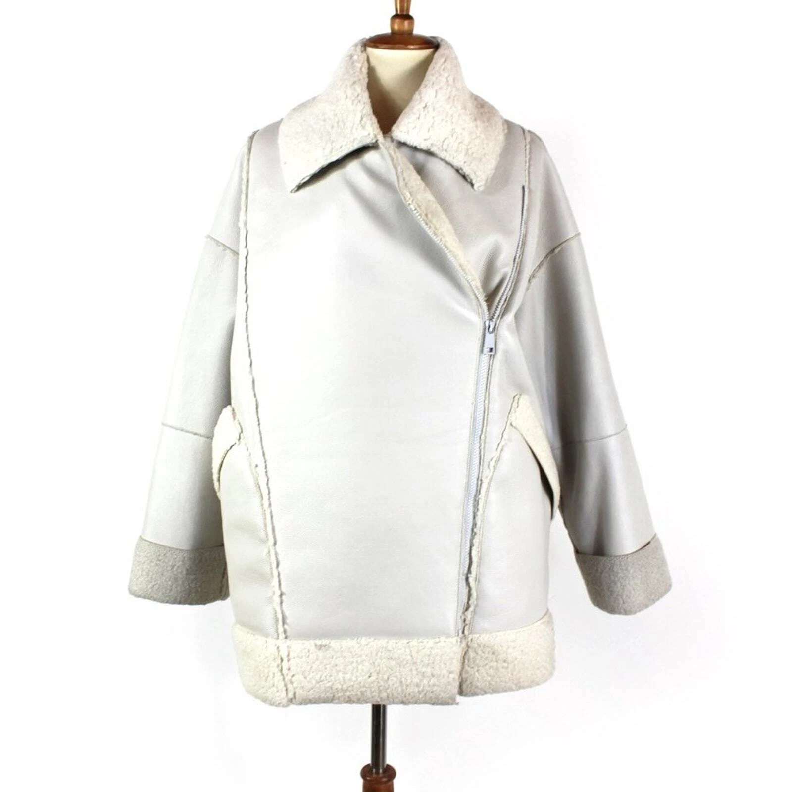 OFF WHITE Giacca biker Aeron Pisco ecopelle foderata shearling bianco sporco zip M NUOVA
