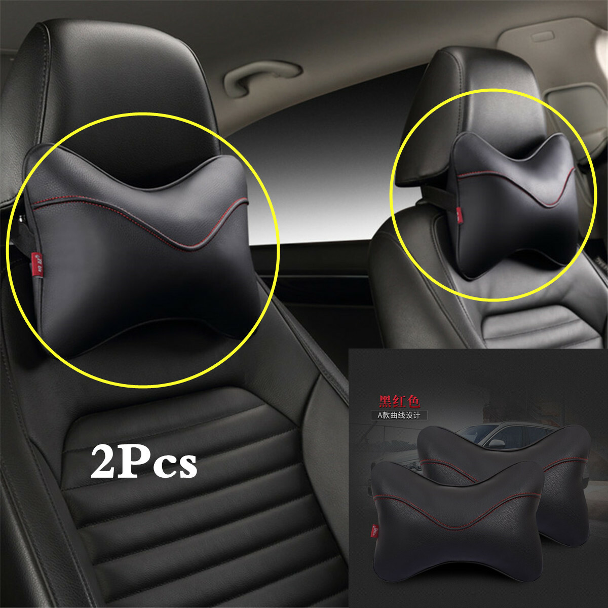 2x Cuscino Poggiatesta Auto In Pelle PU – Nero/Rosso, Universale, Resistente All’Usura