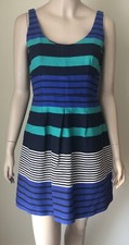 Ann Taylor LOFT Fit Flare Sleeveless Retro Striped Mini Dress 4 Blue Teal White