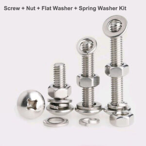 M2 A2 Stainless Phillips Round/Pan Head Screw Bolts+Nut+Flat/Spring Washer Kit