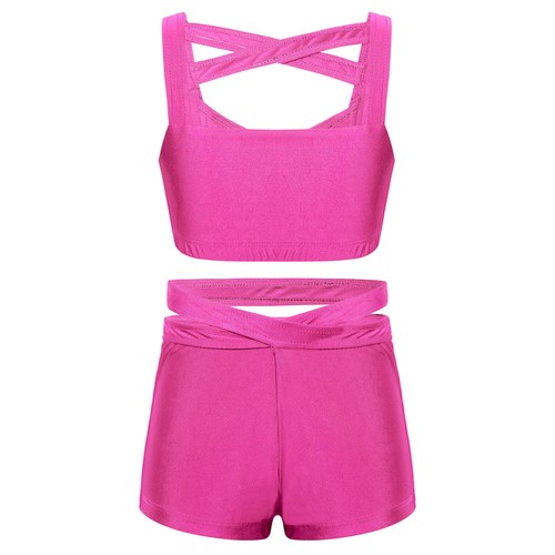 Kids Girls Crop Top Bottoms Set Gymnastic Exercise Tankini Outfits Dancewear - Picture 53 of 63