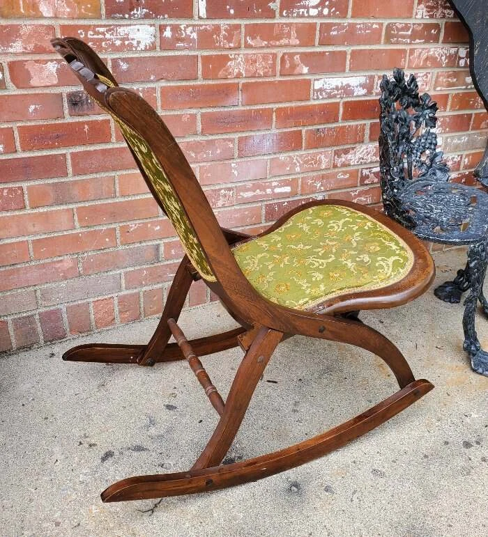 Antique Folding Rocking Chair Silk Floral Tapestry Seat Back Carved Wood Accents