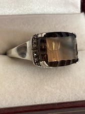 .925 Sterling Silver Smoky Quartz clear stone surround Ring Sz 9 wavy cut