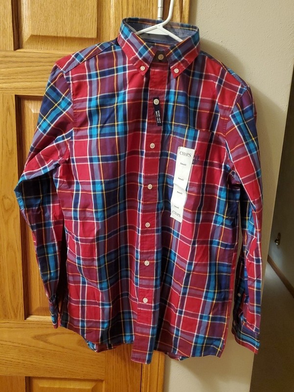 NEW With Tags Chaps Men's Size Small Red & Blue Plaid Oxford Button Up Shirt 