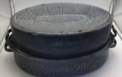 Nesco Roaster Pan Speckled Gray Oval Enamelware Graniteware 18x10.5x8 Minor Dent