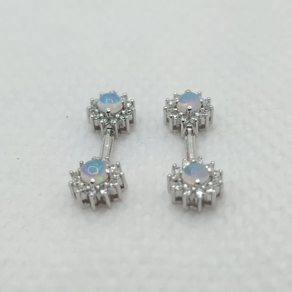 Piercing corporal de pezón de ópalo creado en laboratorio de 3 quilates, barra chapada en oro blanco de 14 quilates Foto 3 de 4