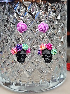 Dia de los Muertos Petit Skull With Flower Crown earrings LAVENDER