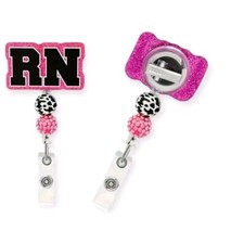 Pink Glitter RN Badge Reel ID Holder Animal Print Occupational Theme Set