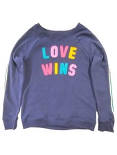 Girls Love Wins Rainbow Striped Sleeves & Logo Blue Fleece Sweatshirt XL 14/16