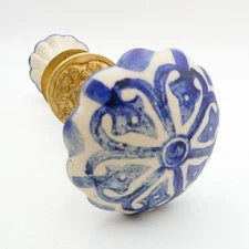 Delft Blue and White Ceramic Door Knob with Brass Floral Plate 9 inch Cottage