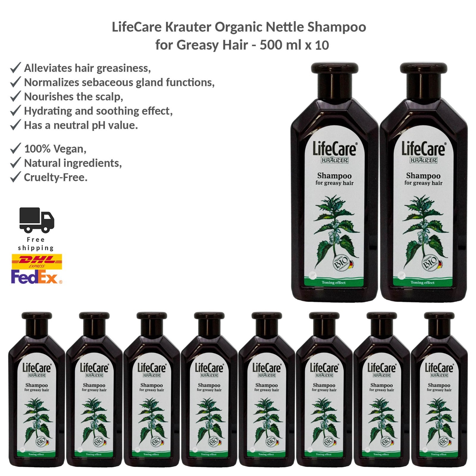 LifeCare Kräuter Bio-Brennnessel Shampoo für Fettiges Haar 10x500ml