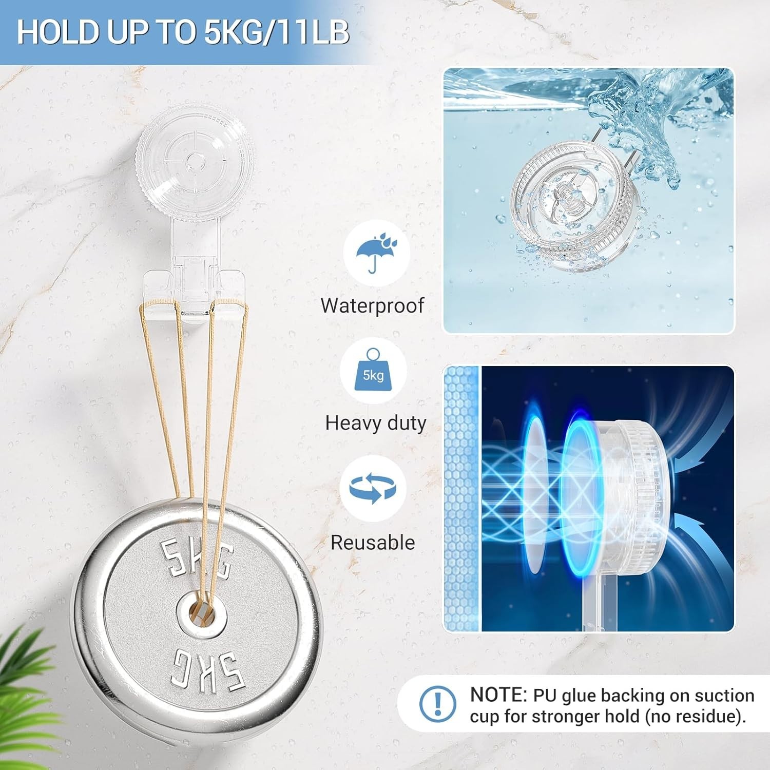 Removable Suction Hooks - 2 Pack Razor Hooks, 11 lbs Capacity, Stylish & Strong