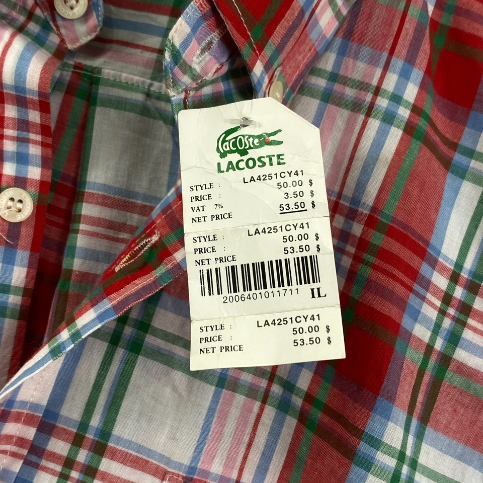 Lacoste Mens Size 6XL Short Sleeve Button Down Shirt Red Green Tartan Plaid NEW - image 3 of 4