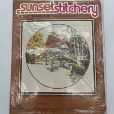 Sunset Stitchery #2473 Fall Mill Pond Sealed Vintage 1978 Fits 16x16” Frame New