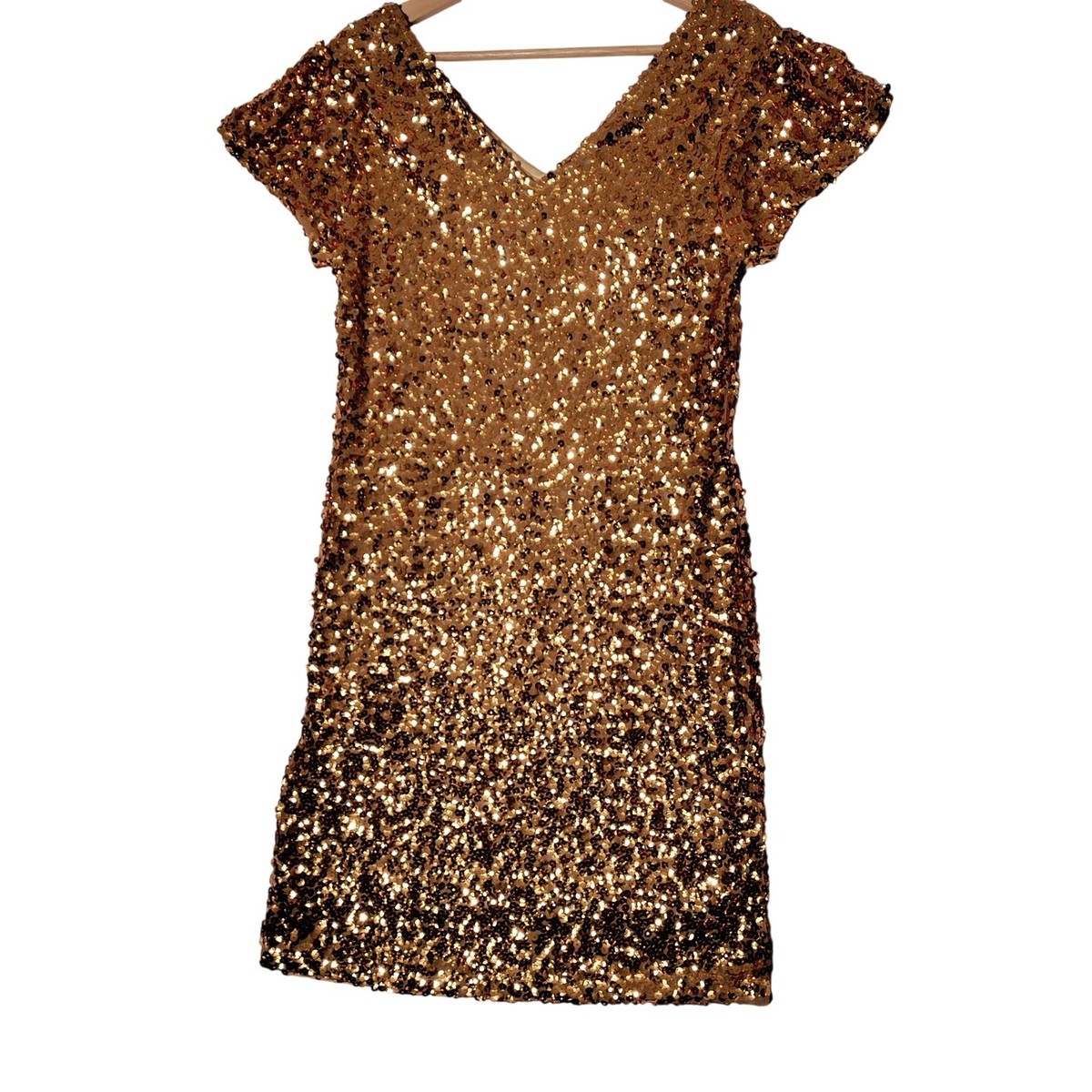 Anna-Kaci Gold Sequin V-Neck Dress Short Sleeve Sparkle & Shine Sz M - Imperfect