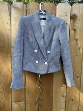 Zara White Blue Houndtooth Double-Breasted Blazer Size M Mother of Pearl Buttons