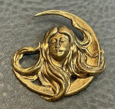 Vintage Art Nouveau Moon Goddess Lovely Lady Flowing Hair Brass Tone Victorian
